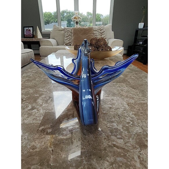 Large Glass Swan, Blue, Brown, White Base - Picture 4 of 6